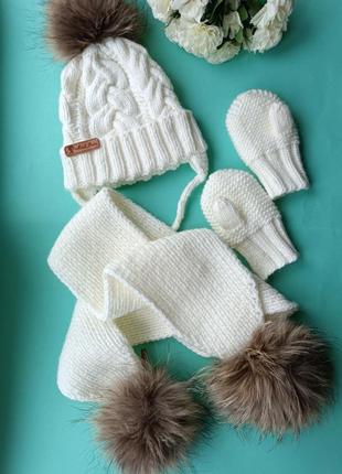 Вязаная шапка зимняя с помпонами шарф перчатки 9-12 мес1 фото