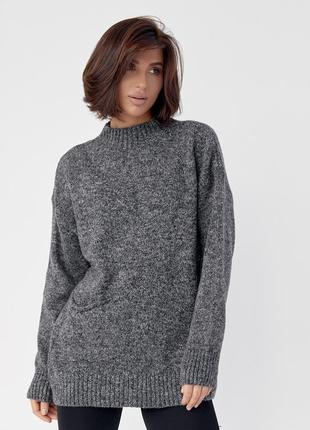 Подовжений меланжевий светр із кишенею в‘язаний темно сірий кофта в‘язана подовжена з коміром джемпер водолазка