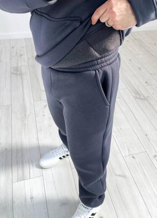 Спортивный теплый на флисе накат капюшон базовый костюм брюки прямые джоггеры по фигуре кофта толстовка длинная худи6 фото