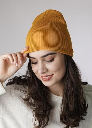 Шапка подовжена двошарова в рубчик без відвороту, жовтий (гірчиця)