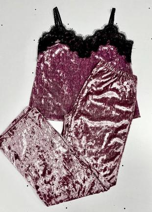 Піжама велюрова жіноча штани і майка з мереживом (фуксія)