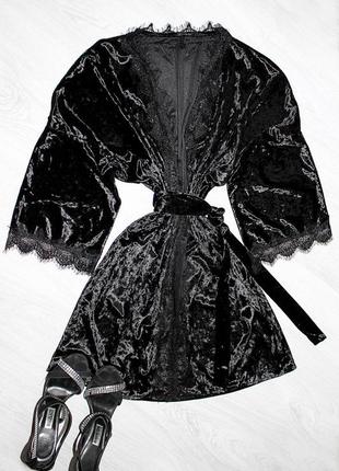 Женский велюровый комплект тройка халат+майка+брюки, черного цвета.3 фото