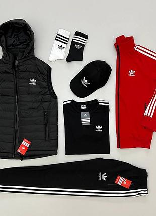 Чоловічий зимовий спортивний костюм adidas чорний з червоним комплект адідас 6в1 костюм + жилетка + футболка + кепка (bon)