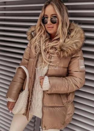 Женская зимняя стеганая куртка из плащевки лаке с меховой отделкой размеры 42/525 фото
