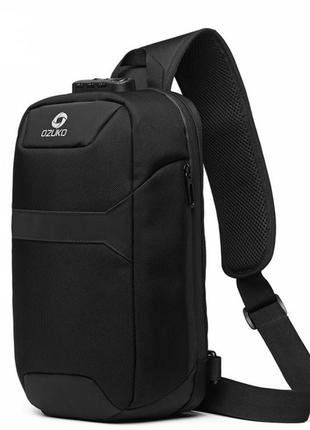 Однолямочная сумка ozuko 9270 мужской городской с кодовым замком usb влагостойкий пылезащитный цвет черный 9л3 фото