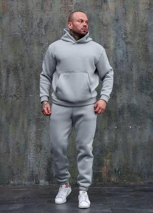 Мужской зимний спортивный костюм серый с капюшоном однотонный базовый комплект худи + штаны на флисе (bon)