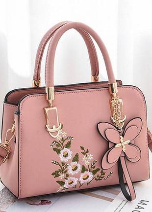 Жіноча міні сумочка з вишивкою квітами, маленька жіноча сумка з квіточками рожевий1 фото