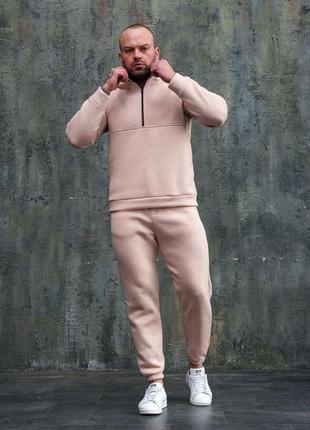 Мужской зимний спортивный костюм плюшевый бежевый без капюшона комплект флисовый кофта + штаны (bon)