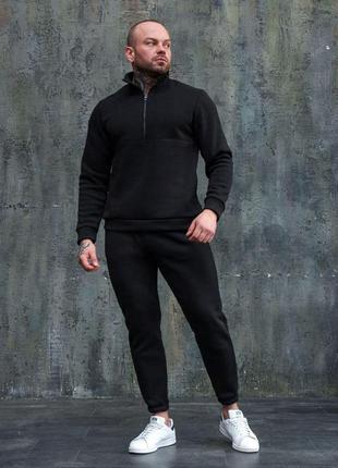 Мужской зимний спортивный костюм плюшевый черный без капюшона комплект флисовый кофта + штаны (bon)