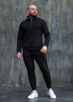 Чоловічий зимовий спортивний костюм чорний плюшевий без капюшона комплект флісовий кофта + штани (bon)