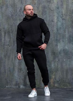 Мужской зимний спортивный костюм черный с капюшоном однотонный базовый комплект худи + штаны на флисе (bon)
