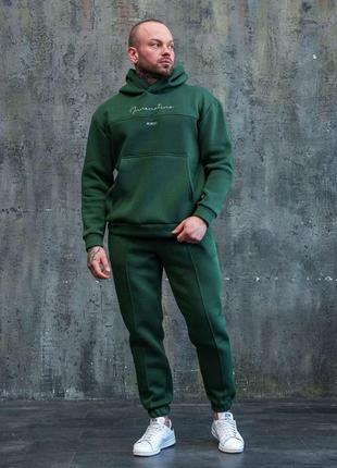 Мужской зимний спортивный костюм зеленый с капюшоном однотонный базовый комплект худи + штаны на флисе (bon)