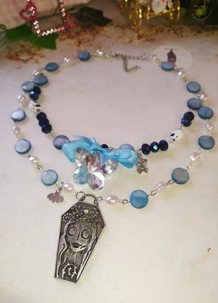 Gothic necklace corpse bride with glass butterfly 🦋💙3 фото