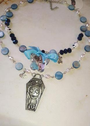 Gothic necklace corpse bride with glass butterfly 🦋💙1 фото