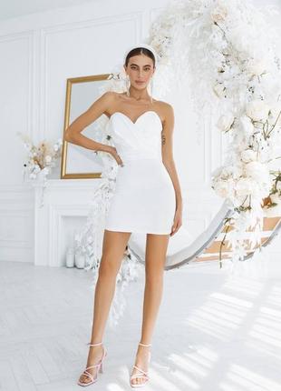 Весільне біле плаття на розпис, сукня на розпис, загс, біле вечірнє плаття, біла вечірня сукня, біле коротке плаття, біла корсетна сукня атласна5 фото