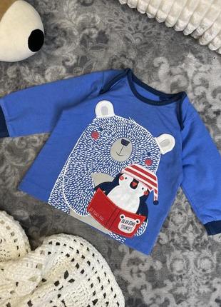 Кофточка лонгслив мишка пингвин tu 0-3 50-56-62 новогодняя рождественская синяя на новорожденного мальчика