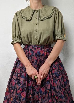 Блуза хаки лен вискоза с воротничком вышивка зеленая вышивка блузка туника платье мини с карманами4 фото