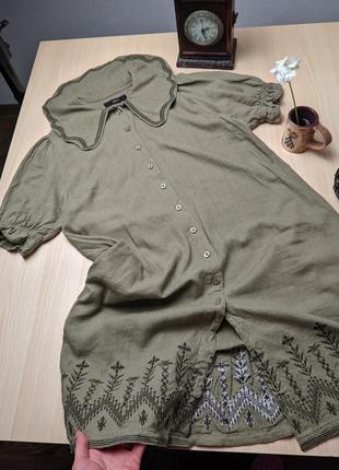 Блуза хаки лен вискоза с воротничком вышивка зеленая вышивка блузка туника платье мини с карманами5 фото