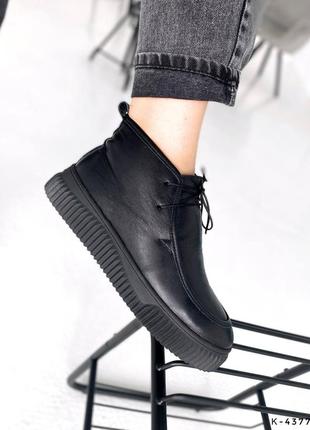 Натуральные кожаные черные демисезонные и зимние лоферы – ботинки на шнуровке