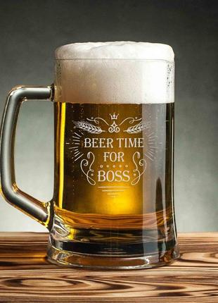 Кружка для пива "beer time for boss" с ручкой, англійська, крафтова коробка