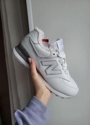 Кожаные зимние кроссовки new balance 574 white winter