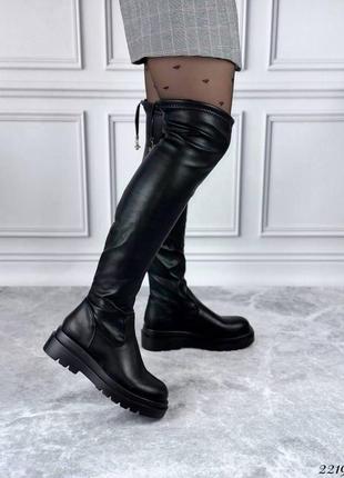 Женские зимние черные кожаные стрейчевые ботфорты чулок на низком ходу6 фото