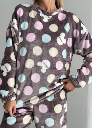 Теплая женская пижама в крупный горошек с принтом микки маус стильная домашняя одежда для сна для девушек9 фото