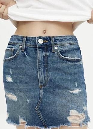 Zara women's blue denim distressed skirt джинсовая юбка, юбка из денима3 фото