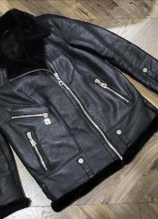 Черная натуральная куртка дубленка klaros пилот авиатор1 фото