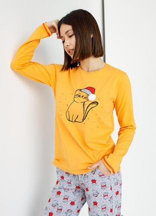 Новогодняя женская пижама с брюками - желтая с котиком
