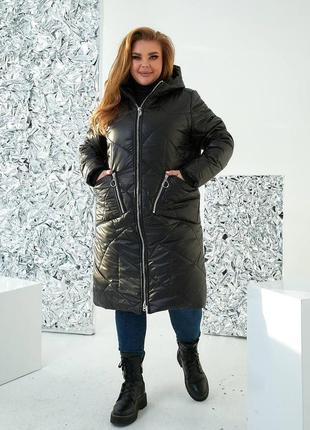 Зимняя длинная куртка женская синтепоновая батал с капюшоном4 фото