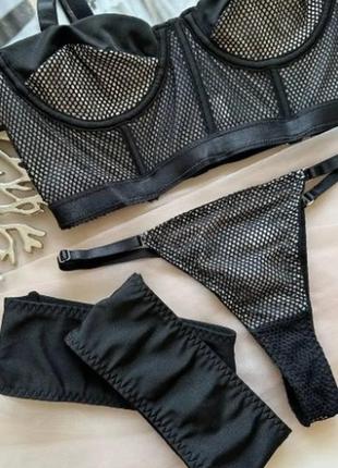 💥 комплект еротичної жіночої білизни стрінги сіточка пояс для панчіх гартери3 фото