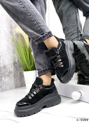 Натуральные замшевые зимние утепленные черные кроссовки - спортивные ботинки на повышенной подошве2 фото