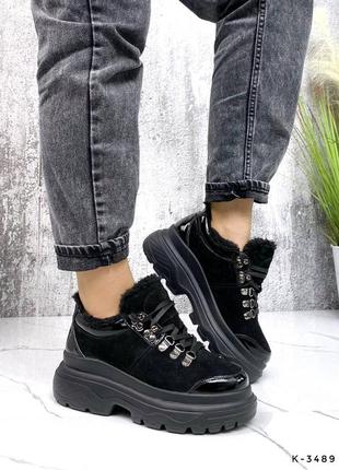 Натуральные замшевые зимние утепленные черные кроссовки - спортивные ботинки на повышенной подошве5 фото