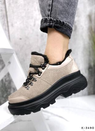 Натуральные замшевые зимние утепленные кроссовки - спортивные ботинки на повышенной подошве5 фото