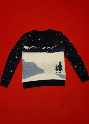 Новогодний шерстяной теплый свитер синий с зимним новогодним принтом р s5 фото