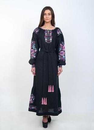 4506 необыкновенное, длиной в пол, платье-вышиванка в насыщенном черном цвете4 фото