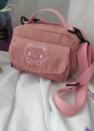 Кавайна сумочка месенджер з вишивкою медведя вельветова сумка через плече клатч портфель тоут аніме у корейському стилі бежева рожева коричнева чорна3 фото