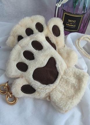 Митенки кошачьи лапки теплые плюшевые перчатки без пальцев перчатки