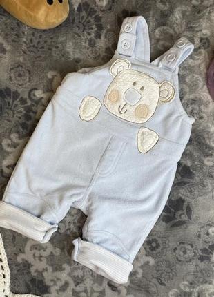 Теплий напівкомбінезон з мікрофлісу на новородженного хлопчика блакитний ведмедик cherokee 0-3 56-62 утеплені штани штанці ромпер1 фото