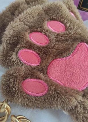 Митенки кошачьи лапки теплые плюшевые перчатки без пальцев6 фото