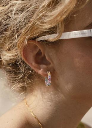 Срібні s925 сережки кільця з різнокольоровим камінням, сережки круглі з рожевим в блакитним камінням, сережки романтичні барбі подарунок дівчині4 фото