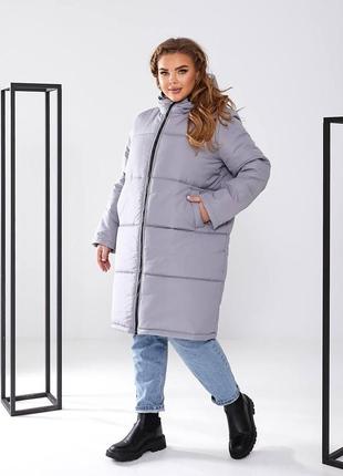 Жіноча зимова стьобана довга куртка на двосторонній блискавці розміри 42-56