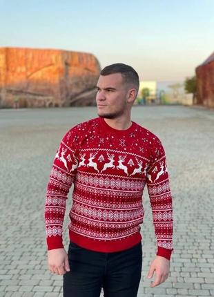 Мужской новогодний свитер с оленями джемпер красный без горла