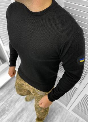 Вязаный мужской свитер с вышивкой флагом на рукаве / теплая кофта черная размер m
