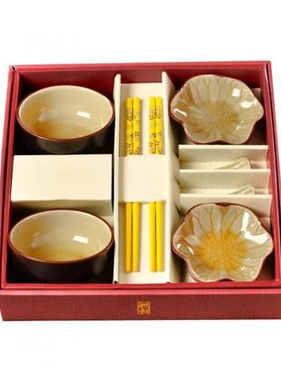 Набор для суши "лёд" 8 предметов золотой , посуда для суши, палочки для суши