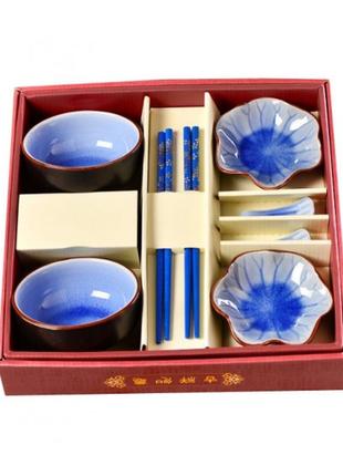Набор для суши "лёд" 8 предметов синий , посуда для суши, палочки для суши