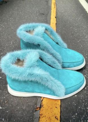 Бирюзовые ботинки хайтопы з опушкой норка натуральный замш зима деми1 фото