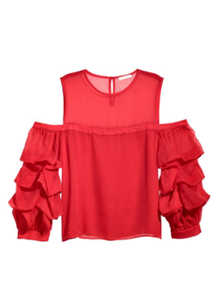 Блуза красная с открытыми плечами, рукава рюши, объемные, буфы, h&m