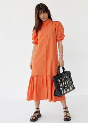 Длинное платье на пуговицах с оборкой по низу - оранжевый цвет, m (есть размеры)5 фото